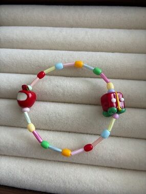 Children's Multicolor Beaded Bracelet with Red Apple & Backpack Charms